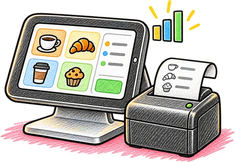 Pico Counter: touch-screen order terminal with a receipt printer and a small chart